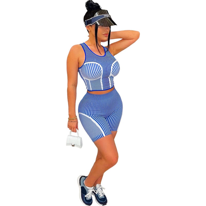 XL / Blue custom women knit cotton striped sleeveless crop top  biker shorts two 2 piece women set street wear shorts custom for women