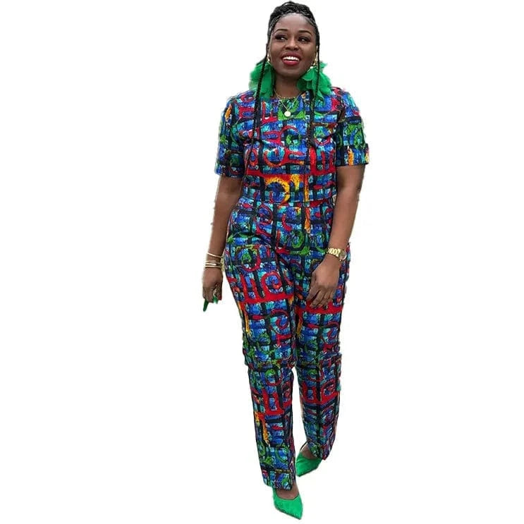 XL / Blue European and American sexy slim print wide-leg stretch crop top two-piece set