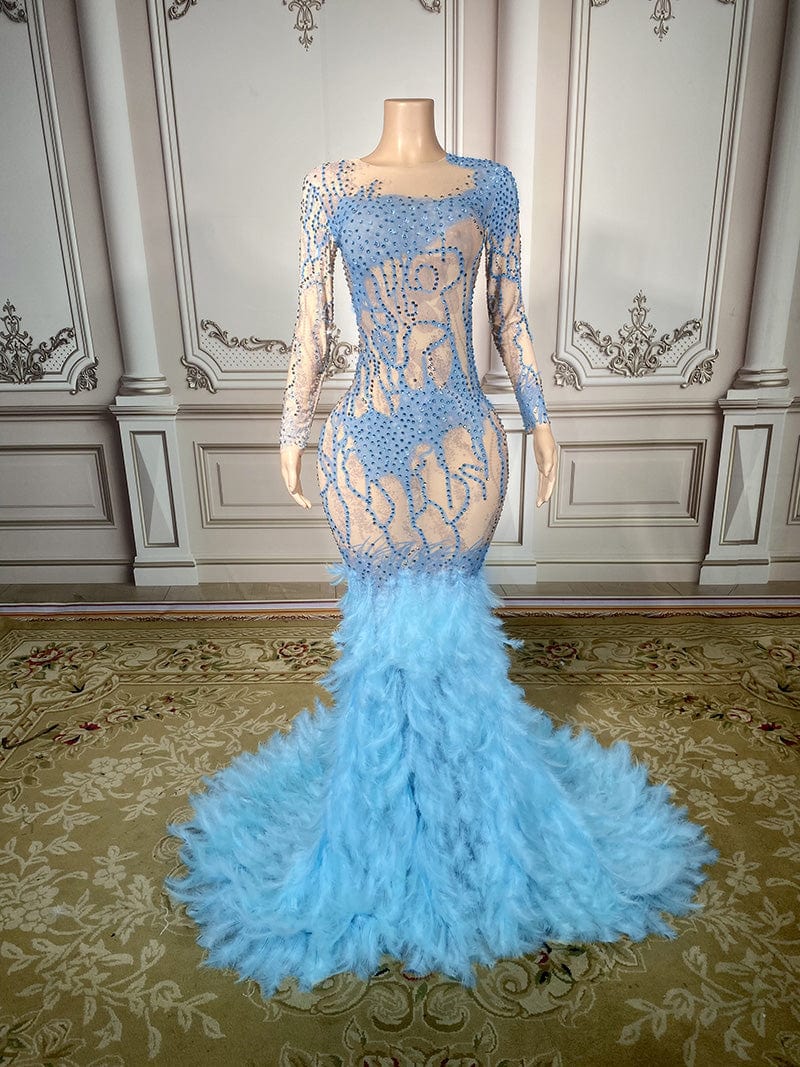 XL / Blue / Floor Length NOVANCE gorgeous pearls evening dress 2023 sparking elegant feather light blue long dress with rhinestones wedding dresses