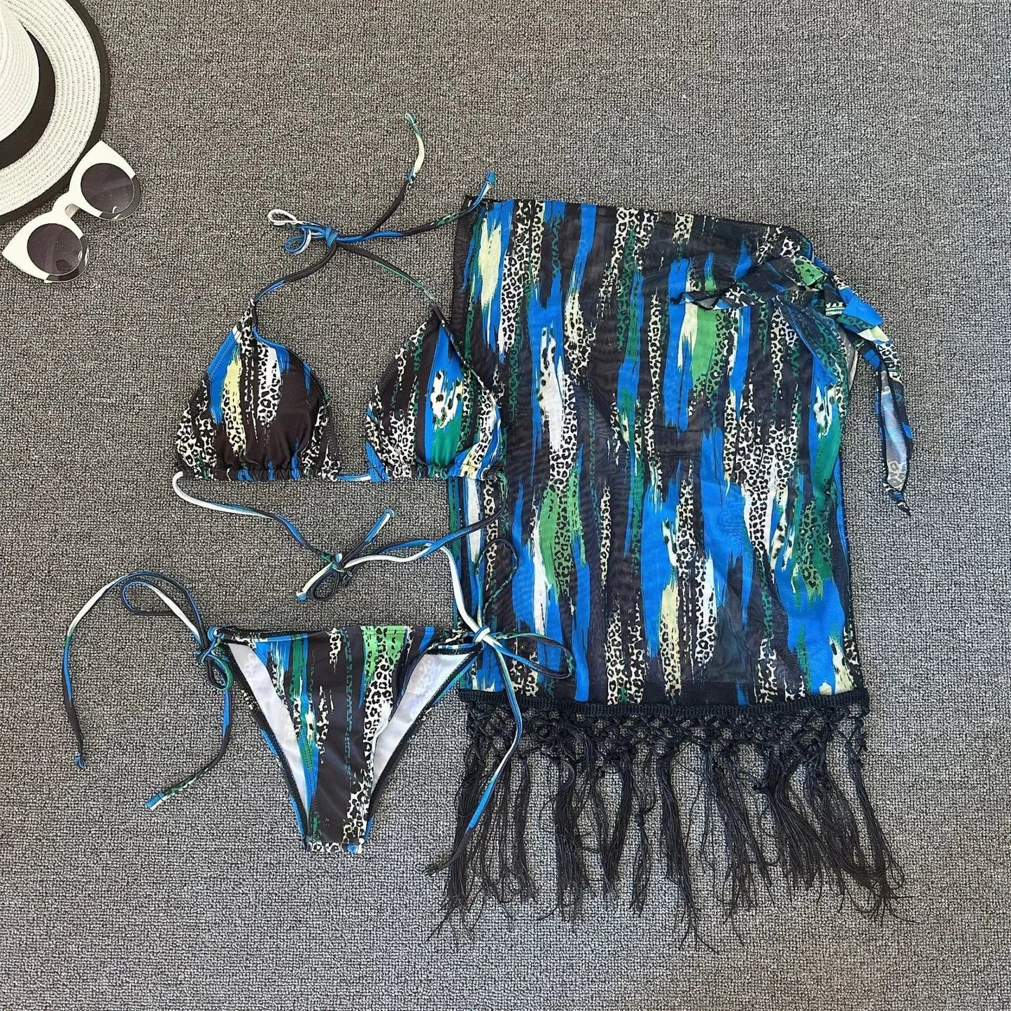 XL / Blue Liu Ming New Products 2024 Sexy African Printed Halter Lace Up Tassels Swimwear Bathing Suit 3 Piece Set Bikini