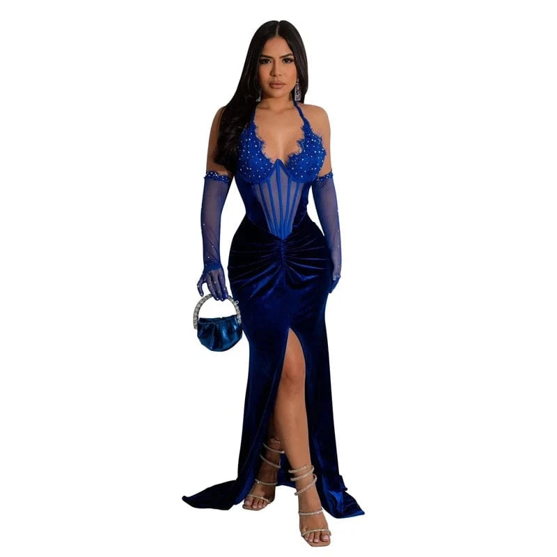 XL / Blue modest shiny elegant royal blue rhinestone bead halter women maxi long evening dress with rhinestones beads cape sleeves gloves