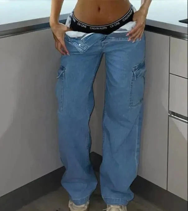 XL / Blue New Arrivals Denim Jeans Women Joker Jeans Stacked Pant Girls High Waisted Jeans Women Straight Pocke Cargo Pants For Women