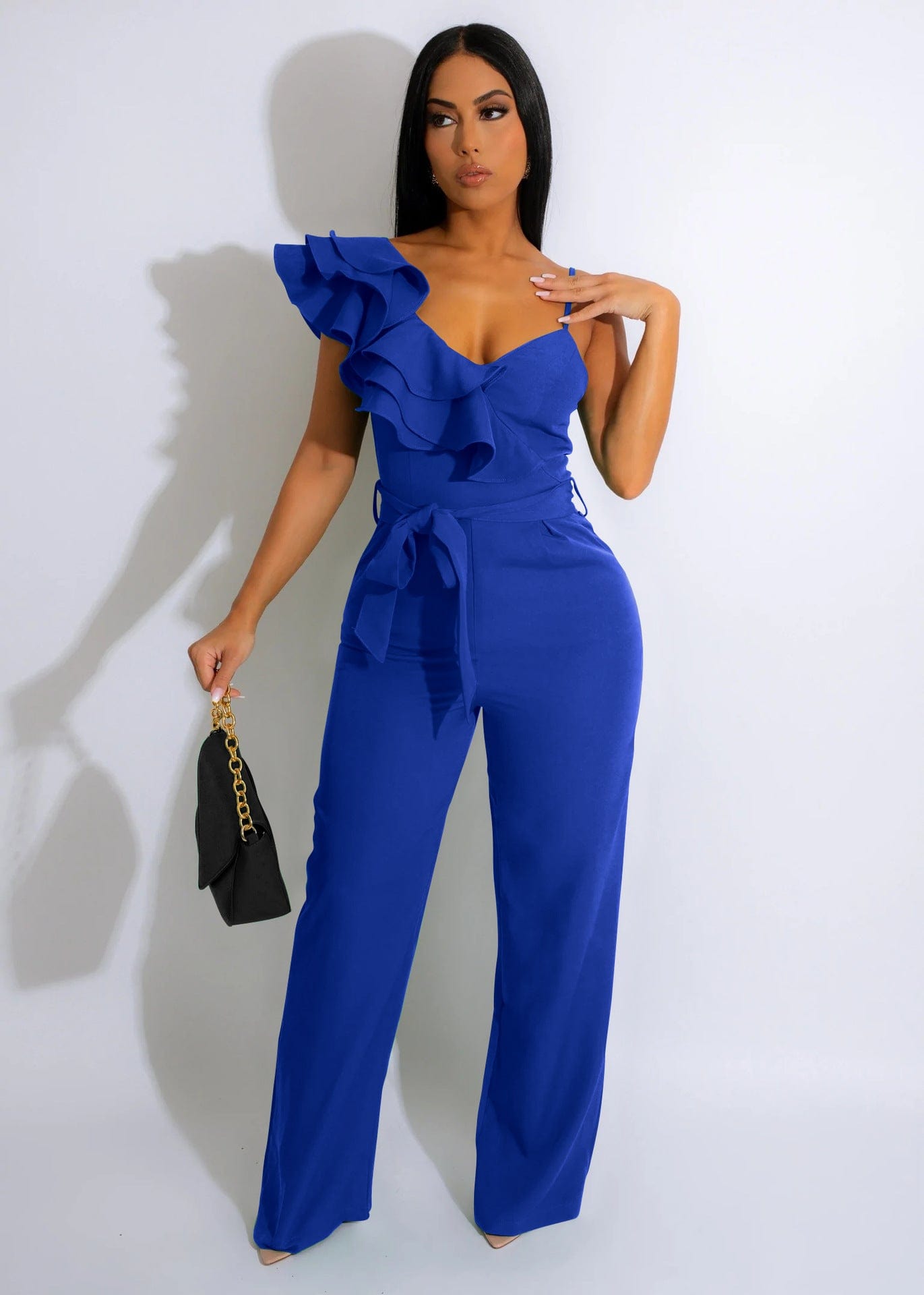 XL / Blue New womens clothing fashion ruffled edge one shoulder sleeveless waist tucked deep V loose ladies solid color one piece jumpsuit