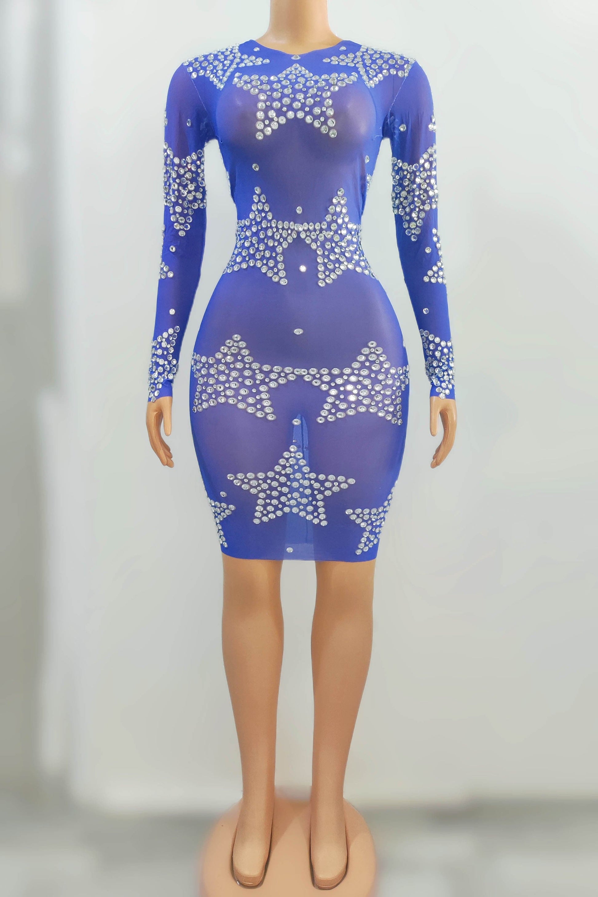 XL / Blue NOVANCE new product stars pink see through mesh glittering stones short gown dresses women party sexy evening gown for party