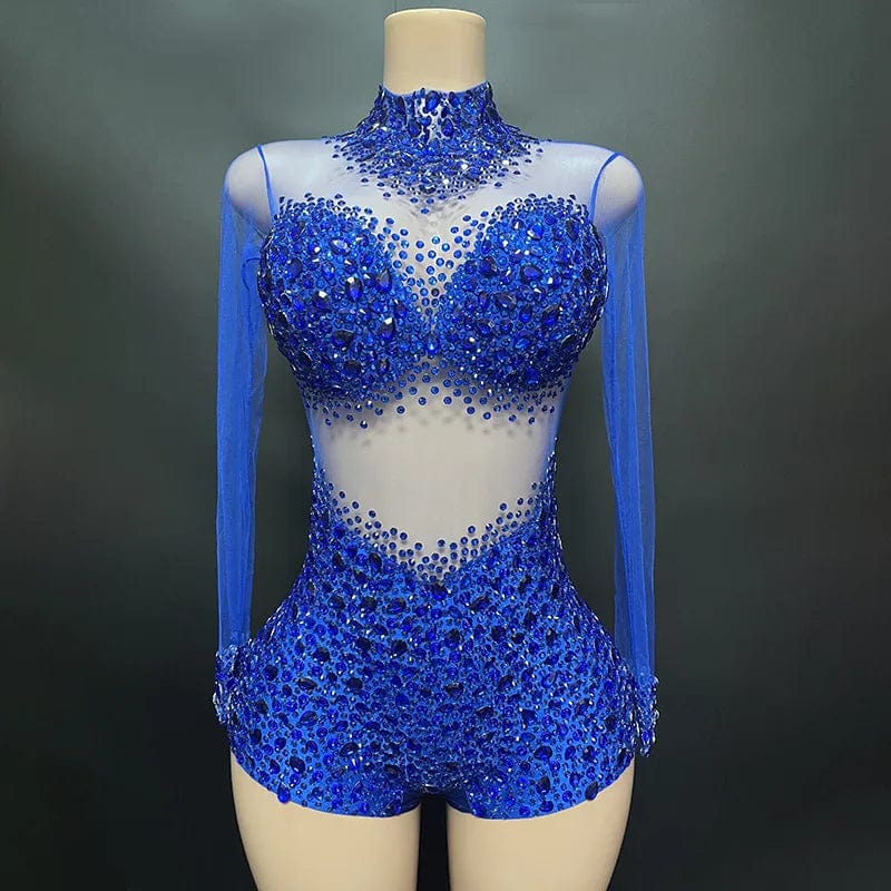 XL / Blue Novance Y2113-JD Women Club Wear New Arrivals Rhinestone Romper Women Performance Wear Spandex Sexy Purple Club Catsuit