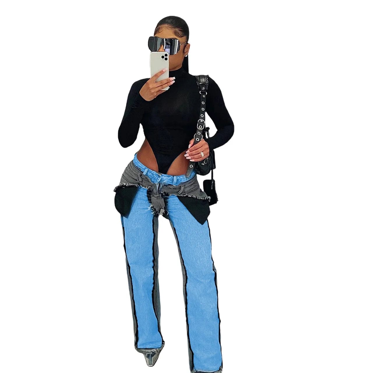 XL / Blue OUDINA Fashion Latest Design Stretch Patchwork Wash Denim Wide Leg Women Pants Baggy Jeans