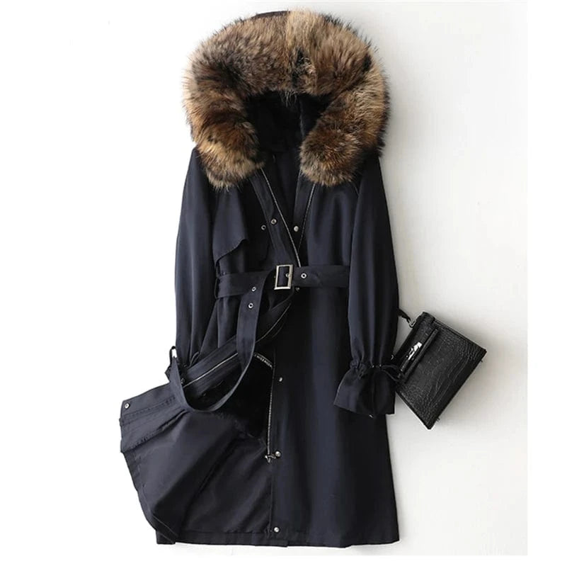 XL / Blue PUDI Liner Fox Collar Blet Coat Jacket 41646 Real Fur Parka Trench Winter Warm Rabbit Fur Women Female Long Thick Crocheted Dyed