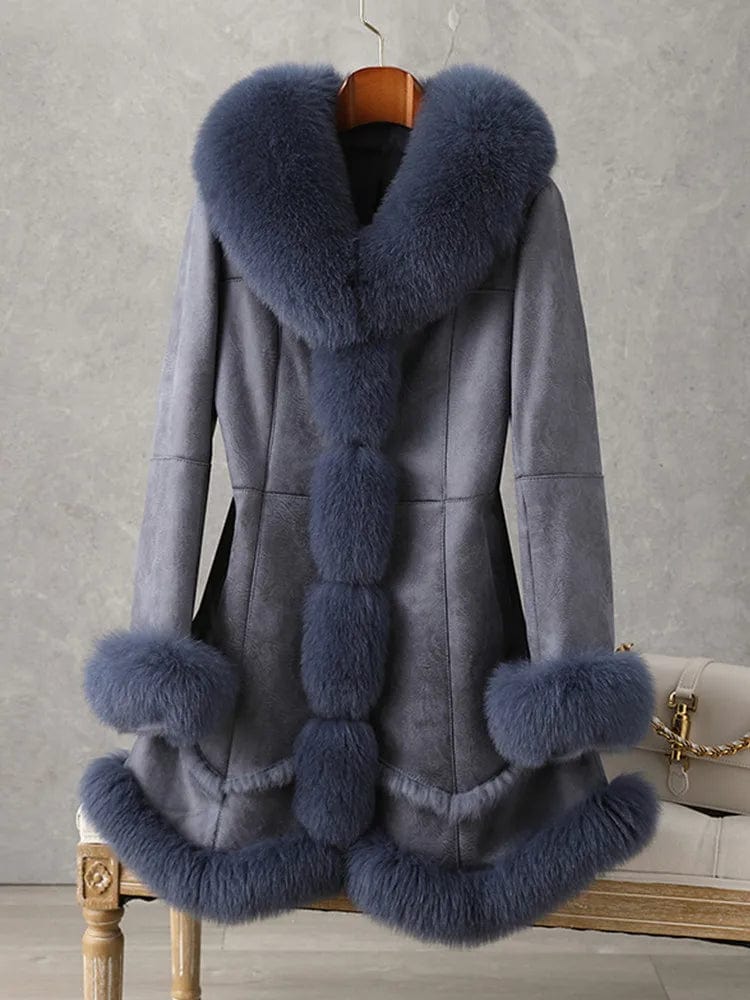 XL / Blue PUDI Women Winter Fur Coat Lady Fox Collar Rabbit Lining Leisure Long Jacket Trench CT188