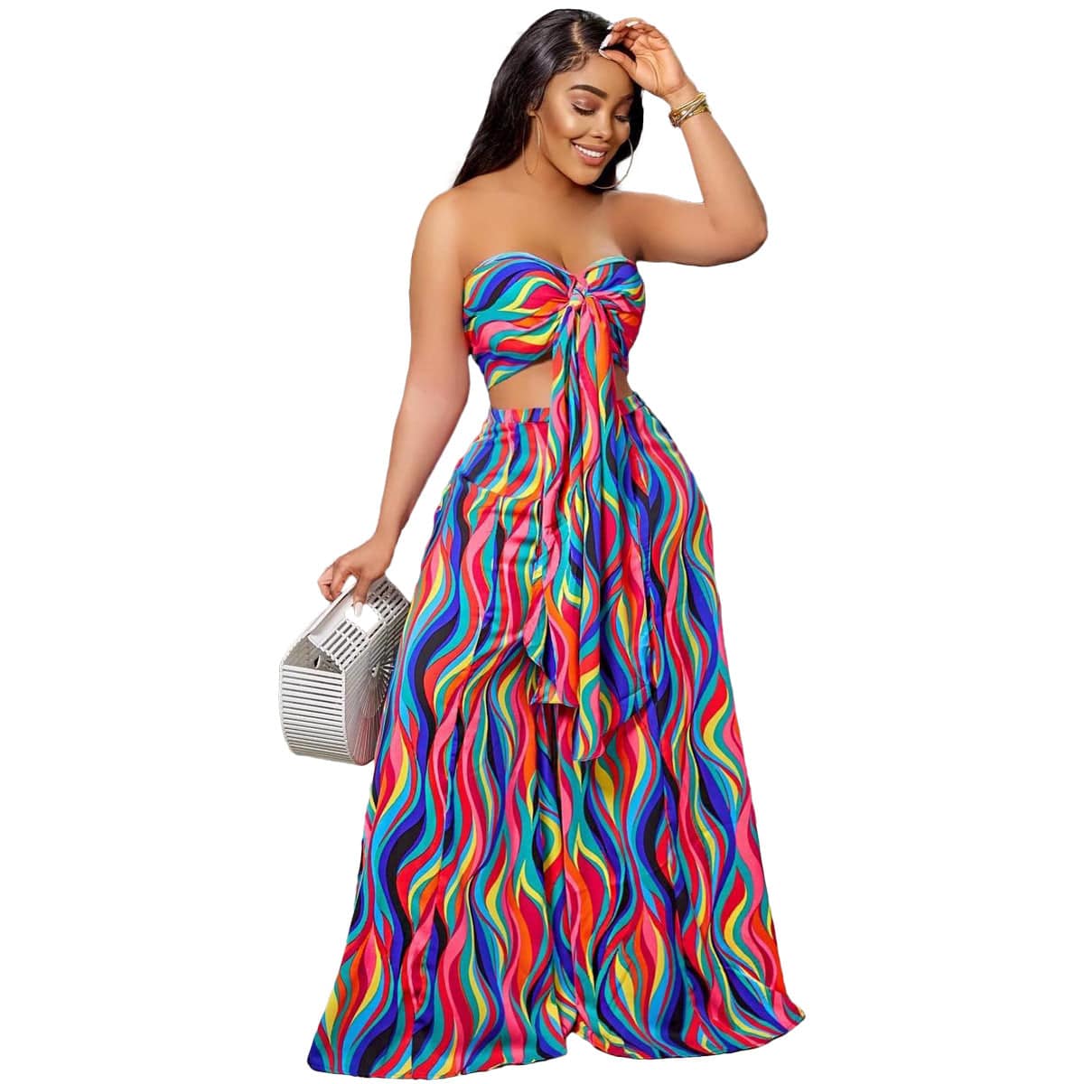 XL / Blue red Liu Ming Fashion Summer 2023 Women Casual 2 Piece Set Strapless Top Printed Wide Leg Pants Suit
