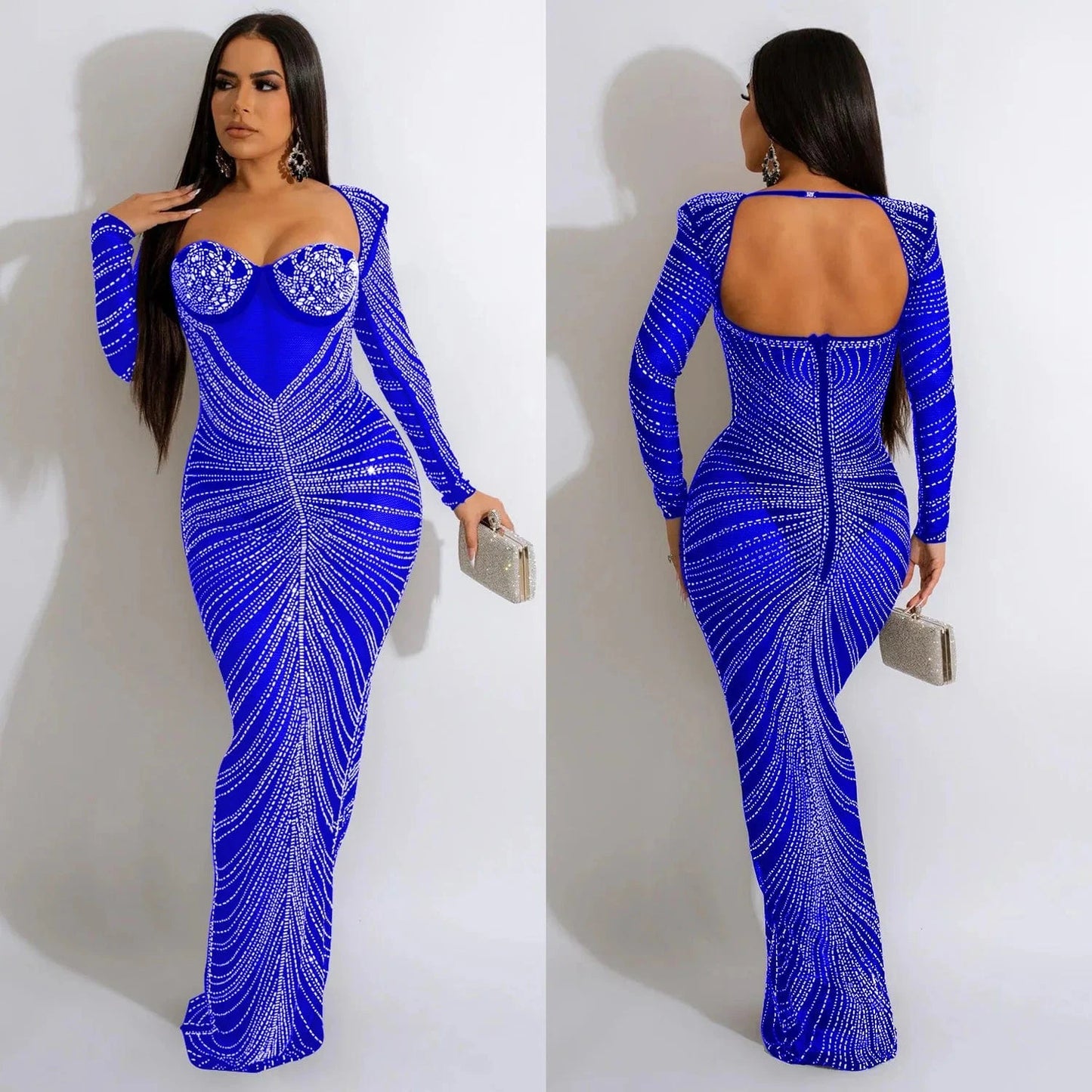 XL / Blue Sexy Mesh Rhinestone Crystal Maxi Dress New Women Long Sleeve Sheer Skinny Night Club Long Dress
