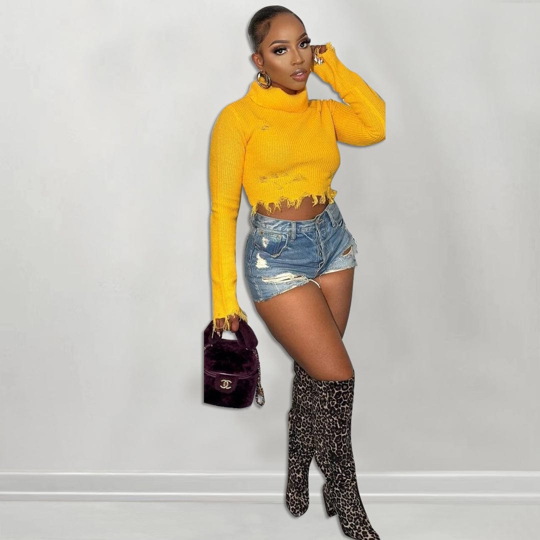 XL / Blue Trendy Women Clothes Winter Warm Turtleneck Long Sleeve Knitted Irregular Sweater with Tassel