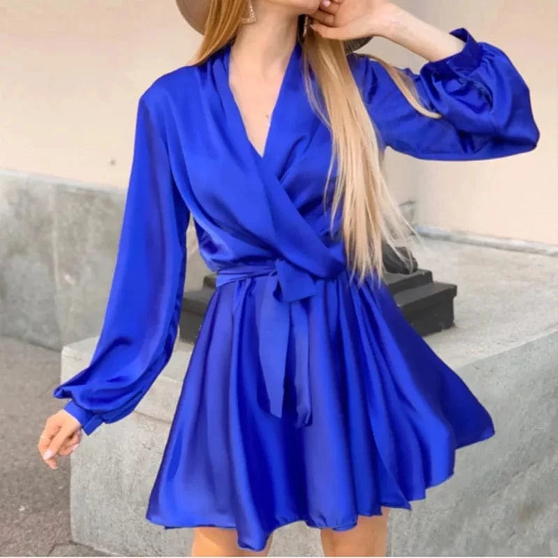 XL / Blue Winter new solid color satin lace-up elegant commuting long sleeve V-neck women's short dress