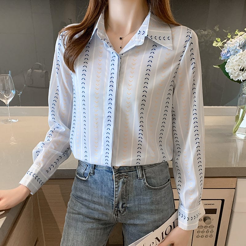 XL / Blue Women Chic Blouses Elegant Striped Print Office Shirt Ladies Spring Autumn Long Sleeve Shirts Tops Mujer
