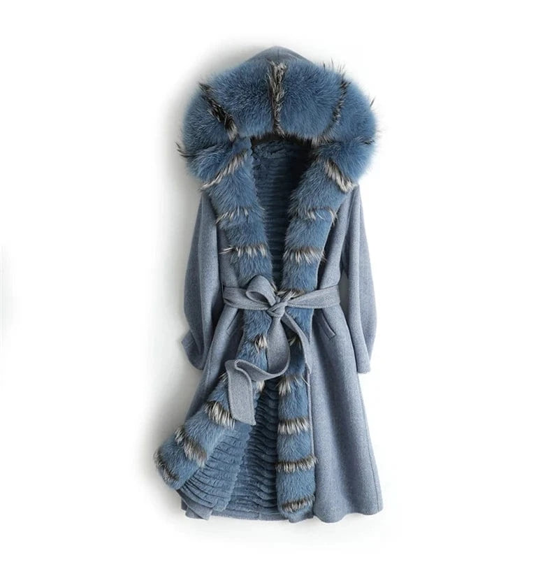 XL / Blue Women real wool coat lady rabbit fur lining fox fur collar jacket female Fall/Winter fur long outwear ZY18170