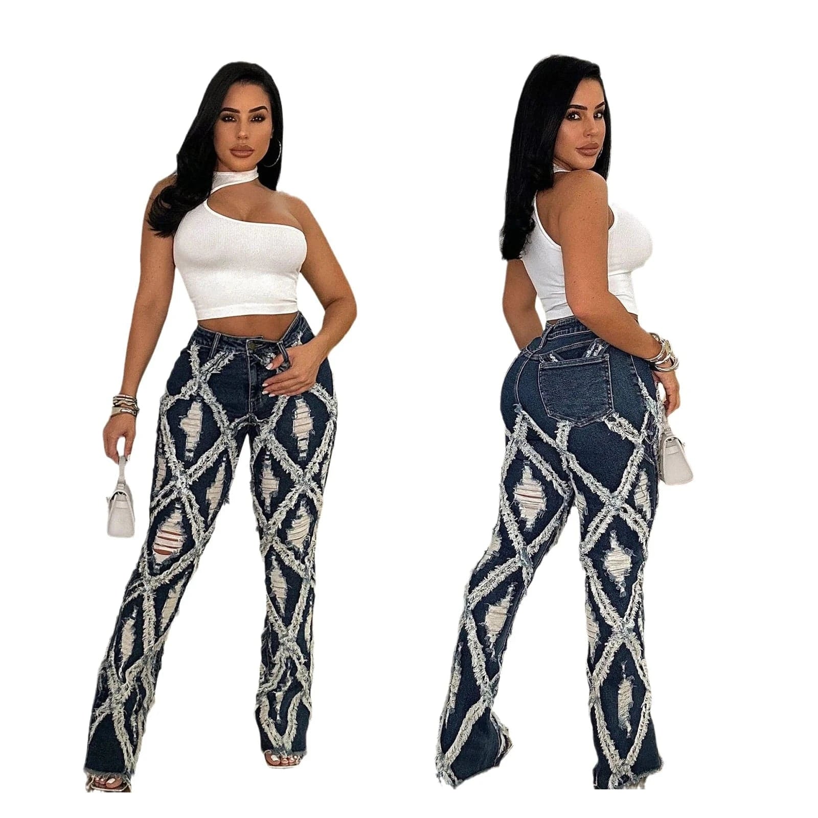 XL / Blue Women's High Stretch Denim Pants Ripped Loose Micro Bell Bottom Denim Jeans