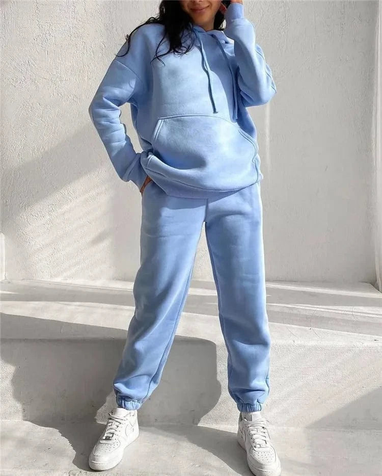 XL / Blue Women's Outfits Long Sleeved Plush Hooded Sweater Loose Casual PantsWomen Two Piece Set Autumn and Winter Fashion Suit