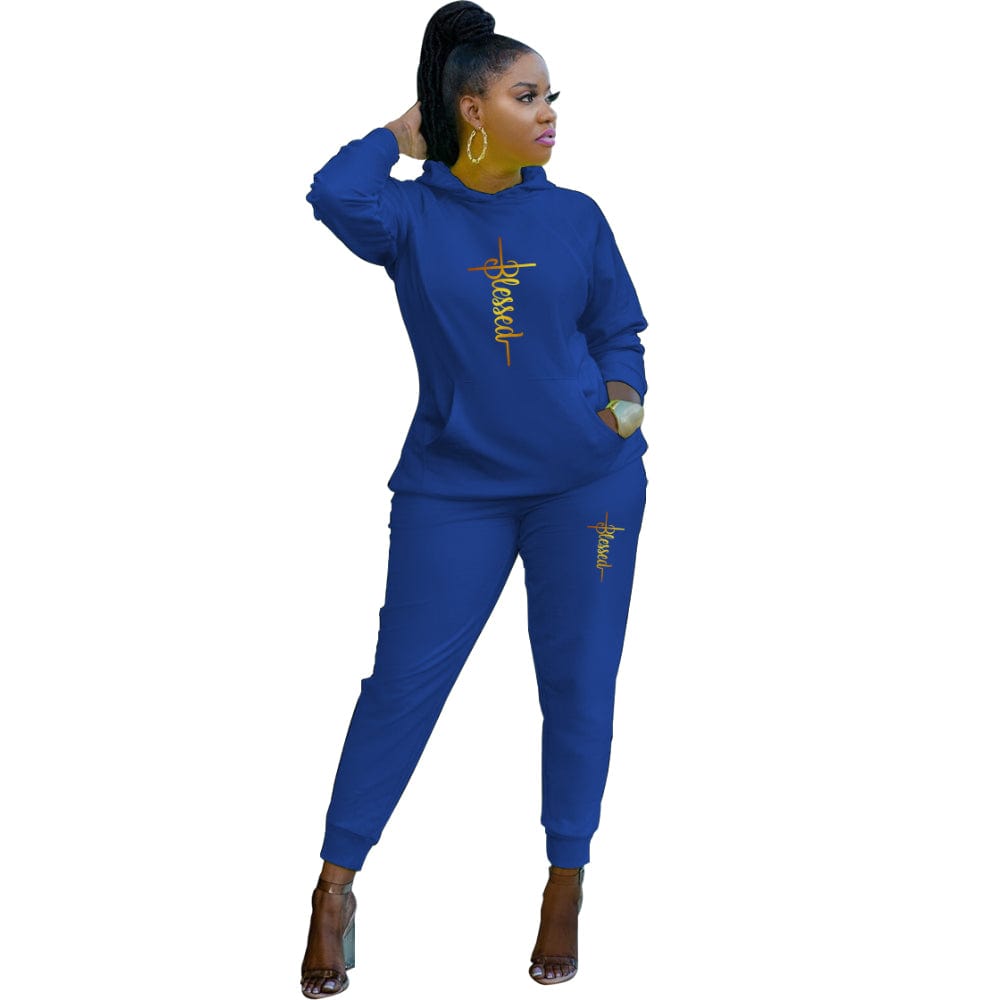 XL / Blue Women Tracksuit  Casual Women Clothing Set Autumn Pocketed Printed Drawstring Hooded Collar Long Sleeve Two Pieces