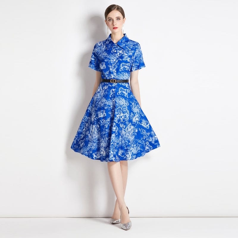 XL / Blue XC5955065 European station star with the same temperament lapel short-sleeved retro printing A-word slim dress