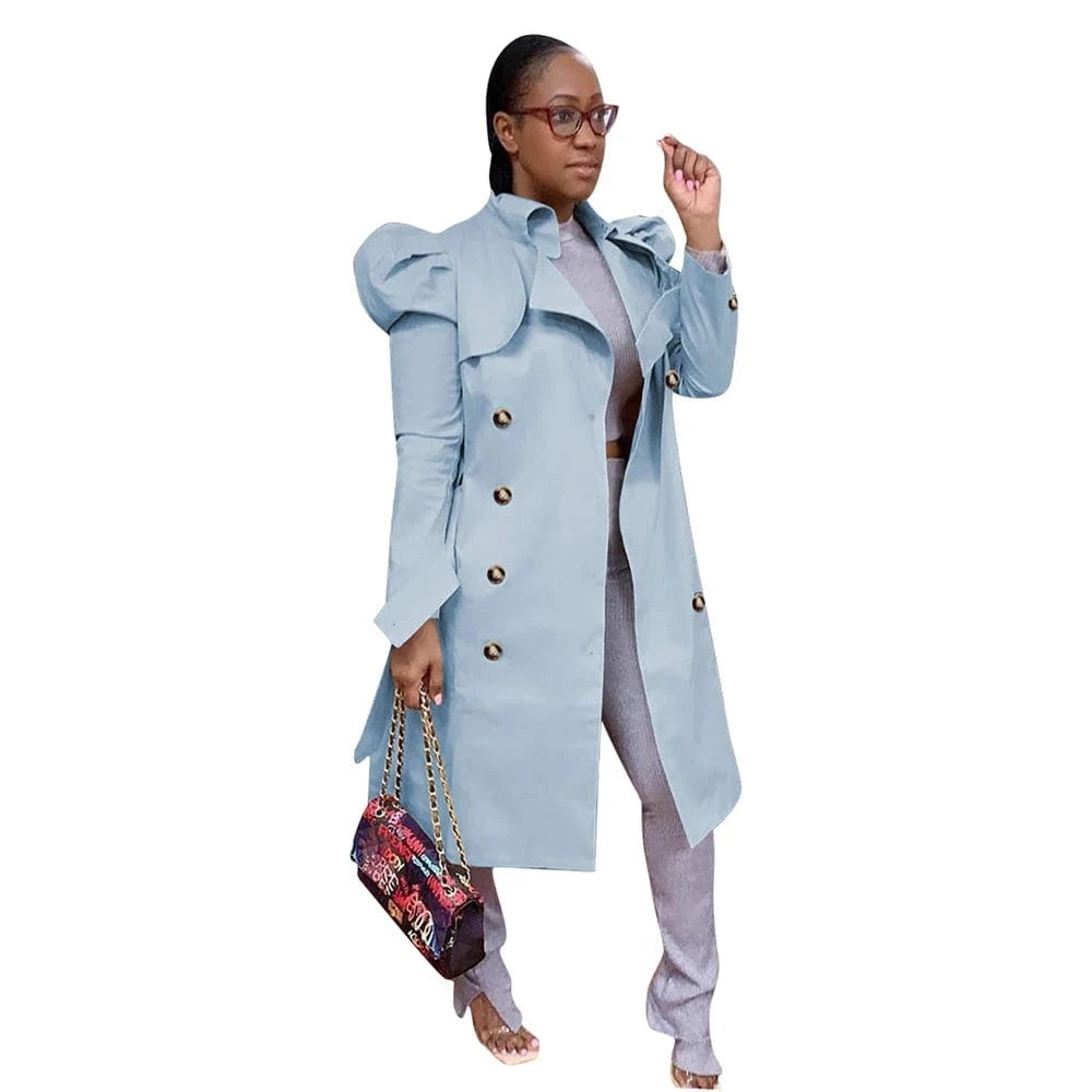 XL / Blue YP New Trending Long Sleeve Solid Petal Winter Jackets And Coats 2024 Fall Khaki Button Top Ladies Long Trench Coat Women
