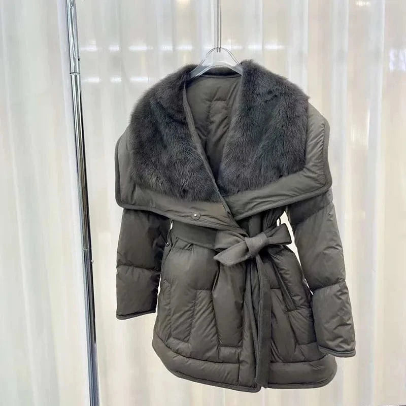 XL / Brown Mink Fur Collar Goose Down Jacket Mid-Length Coat Women's Winter New Waist-Tight Leather Fur Coat