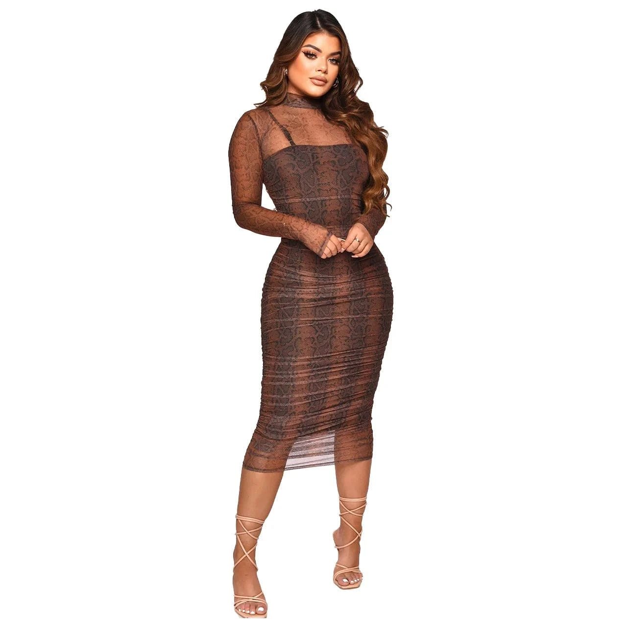 XL / Brown New Hot Selling  Sheer Mesh Suspender Pattern  Print Sexy Dress Two-piece Dress