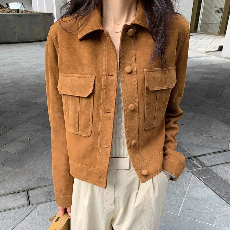 XL / Brown New Style Turn Down Collar Suede Leather Jacket Women Vintage Cropped Sheep Leather Jacket