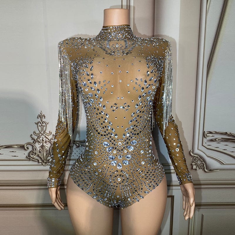XL / Brown Novance Y2897 Trendy Rompers Stretchy Summer Bodysuit Diamonds Tights Club Wear Sexy Playsuit High Waist Crop Top Bodysuit