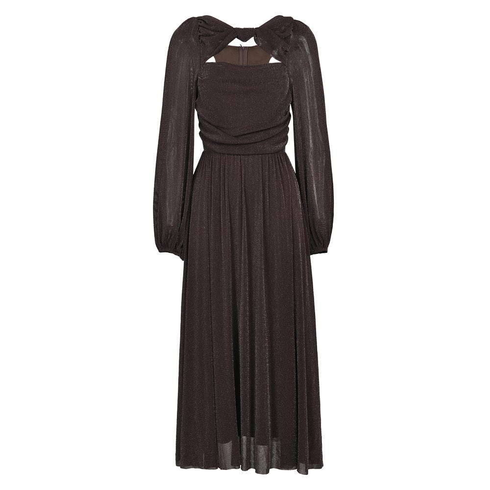 XL / Brown OUDINA New Hollow Stretch Lantern Sleeve Bright Silk Long Evening Dress Elegant Casual Dresses Women