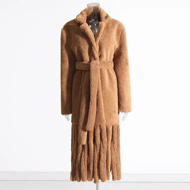 XL / Brown OUDINA New Winter Lamb's Wool Coat  Lazy Style Comfortable Design Splicing Tassel Long Woolen Coats For Women