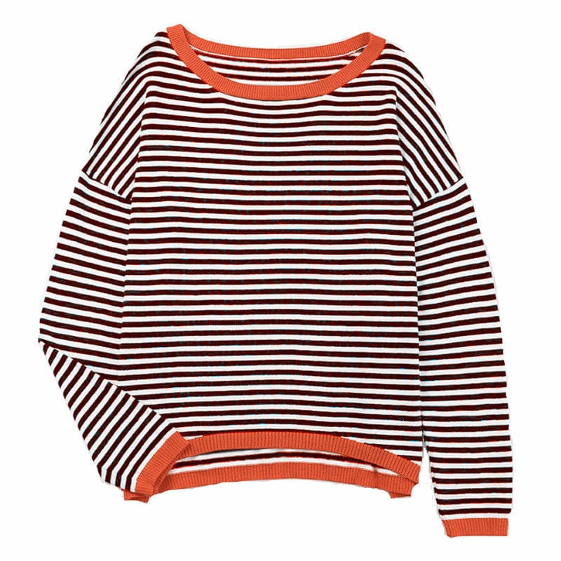 XL / Brown S-XXL New Knitted Round Neck Sweater Casual Fashion Stripe Contrast Design Shoulder Drop Long Sleeve Top