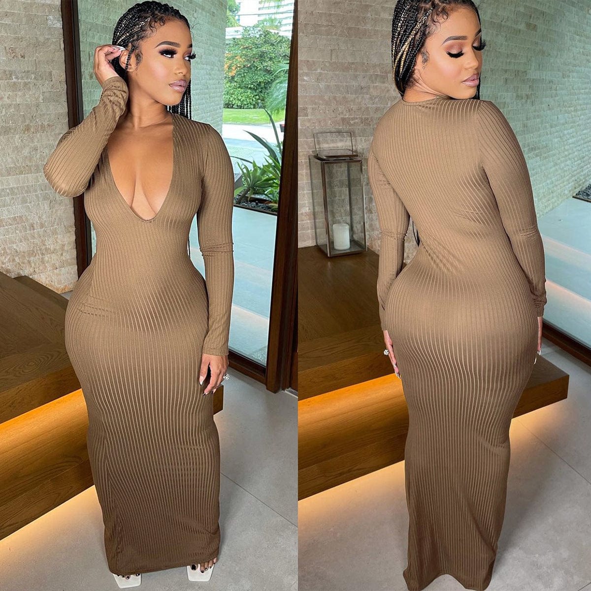 XL / Brown Women Dresses Knitted Women Clothing Sweater Dress Deep V Neck Maxi Casual Sexy Knitting Slim Ribbed Dress