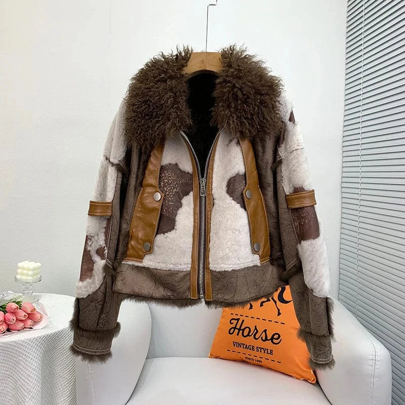 XL / Brown Women Lady Rabbit Fur Winter Coats Female Girl Lamb Wool Collar Warm Short Jacket Luxury Overcoat JT3261