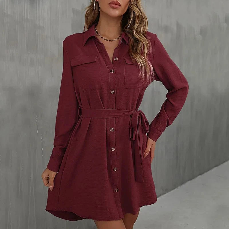 XL / Burgundy 2024 Europe New Fashion Women Lady  Spring  Autumn Lapel Solid Color Casual  Daily Long-sleeved Waist-tied Midi Dress