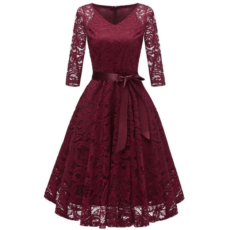 XL / Burgundy 2024 Spring Festival women's lace long sleeve V-neck dress Women's sexy lace hollow dress Party Dress