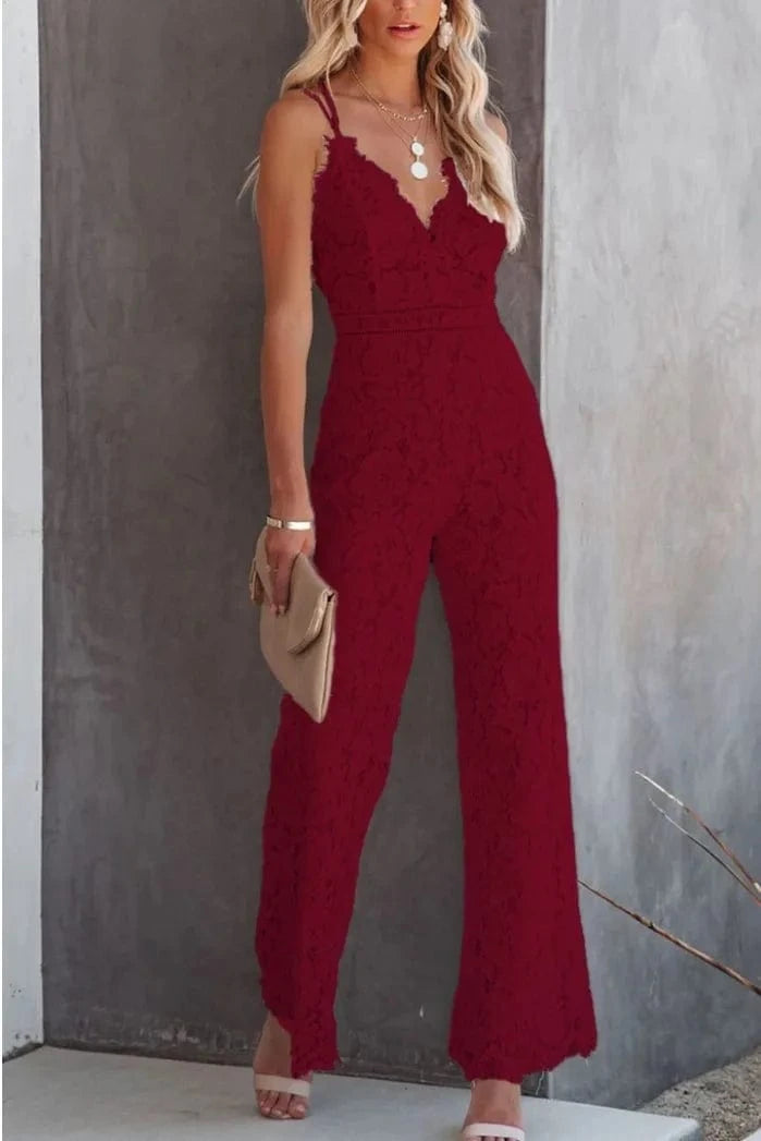 XL / Burgundy Elegant Woman Jumpsuit Summer V Neck Sexy Ladies Lace Rompers Casual Sling Long Trousers Office Lady Overalls Female Jumpsuits