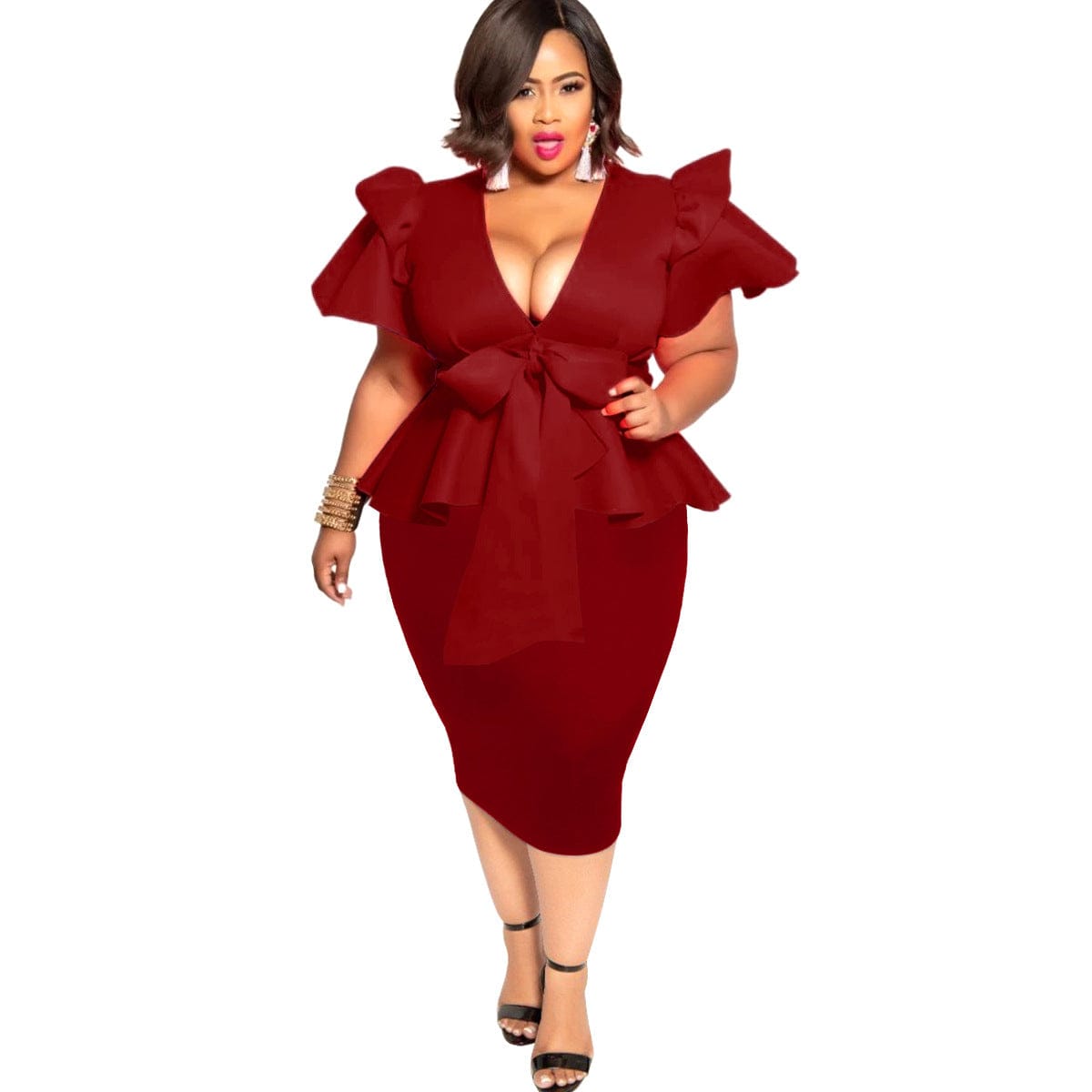 XL / Burgundy New Women's Plus Size Dress Fashion Bow Short Sleeve Office Dress