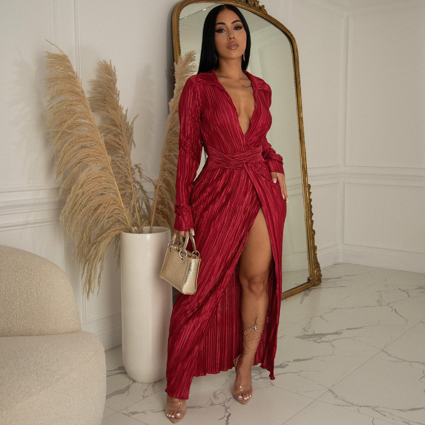 XL / Burgundy Trendy Women Clothes Fashion Dresses  Split Dress V Neck Long Sleeve Fall Winter Sexy Women Maxi Pleated Dresses