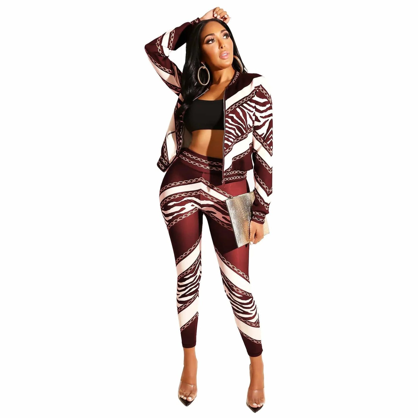XL / calret Autumn Printing Sports Suits Two Piece Pants Set Women Long Sleeve Zipper Two Piece Pants Sets