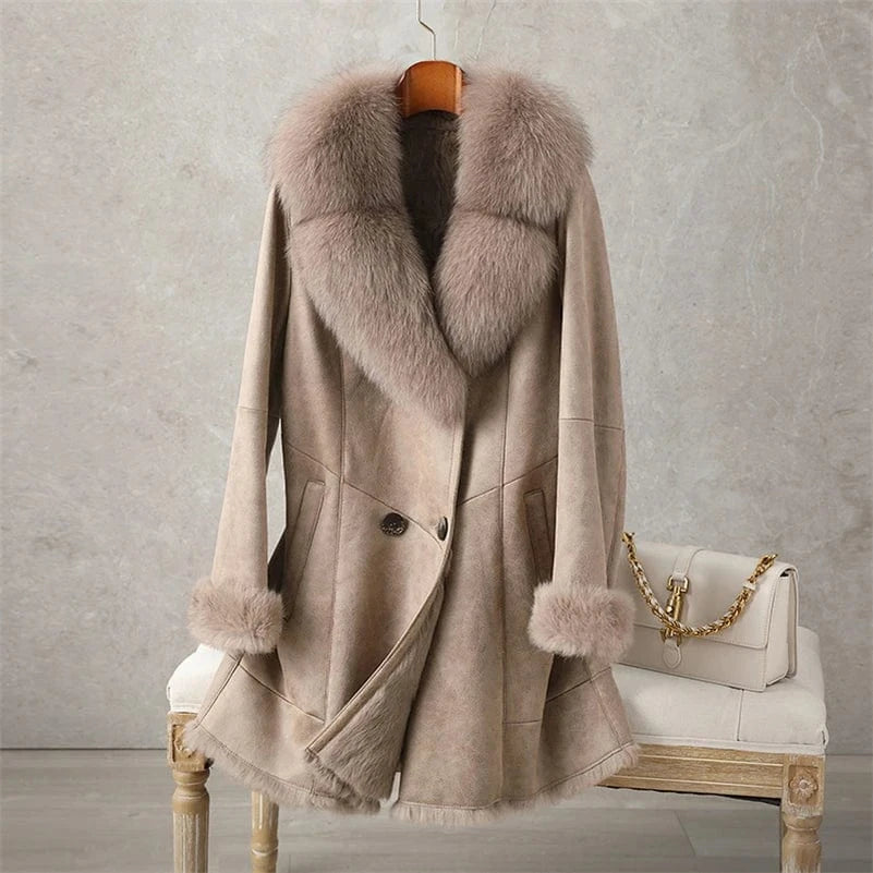 XL / camel PUDI Women Winter Fur Coat Long Jacket Trench CT189 Fox Collar Rabbit Lining Luxury Lady Vintage Thick Woolen Nonwoven Full Pelt