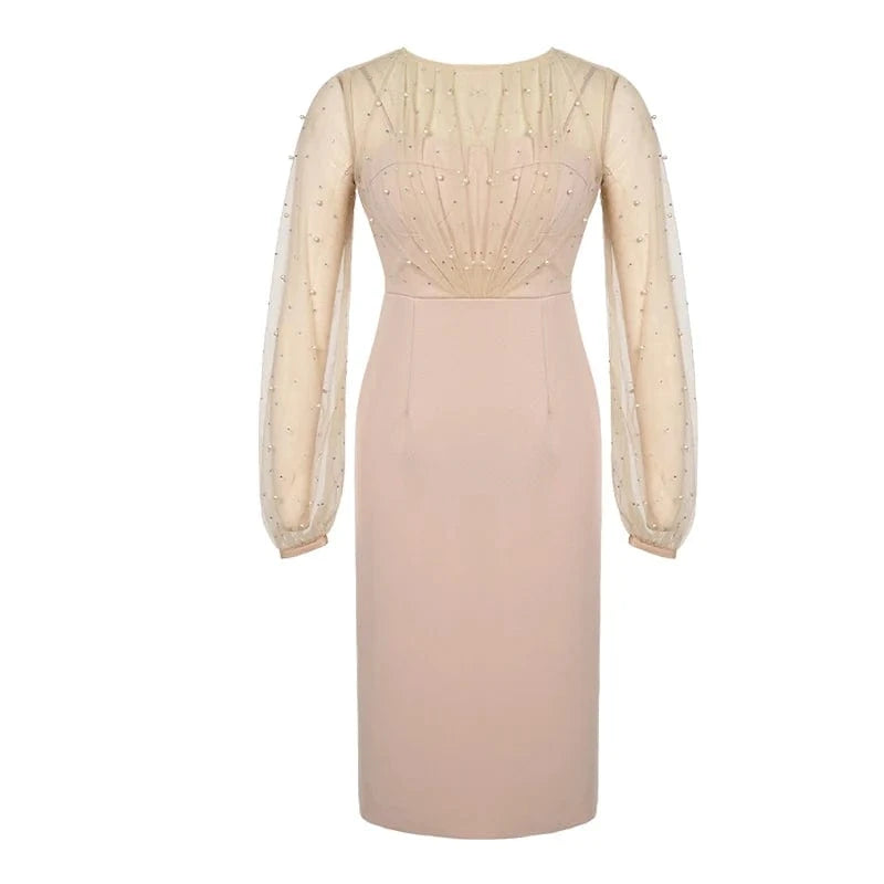 XL / Champagne ZYHT 20876 Sexy Ladies Shiny Sequins Pearls Casual Evening Dress Perspective Puff Sleeve Mesh Patchwork Dress