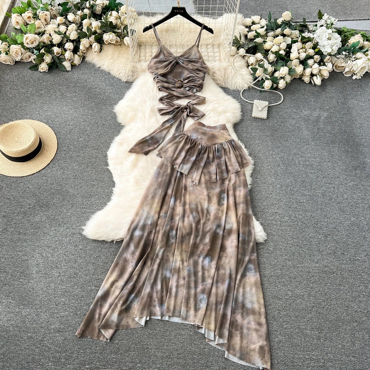 XL / Coffee 2024 Spring Summer Fashion Women Elegant Sleeveless Cropped Tanks Tops High Waist 2 Pieces Skirts Suit