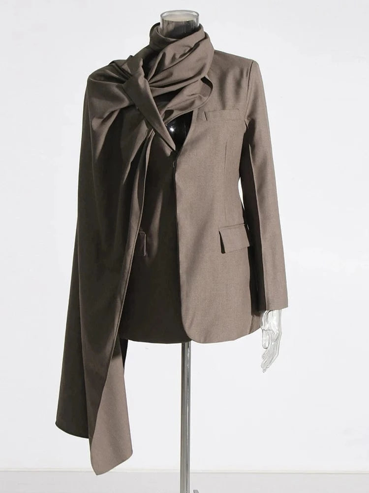 XL / Coffee CHICEVER Notched Collar Long Sleeve Patchwork Pockets Asymmetrical Blazers Warm Winter Jacket Woman 2023