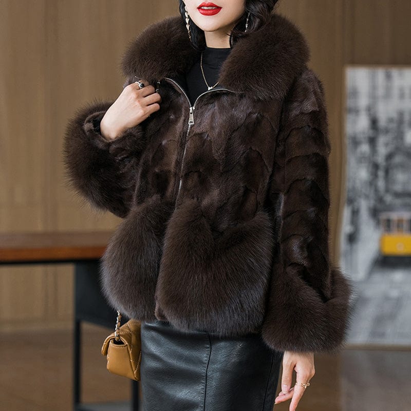 XL / Coffee High Quality Thick Fox Fur Collar Luxury Winter Fur Coat Genuine Mink Fur Coat for Women