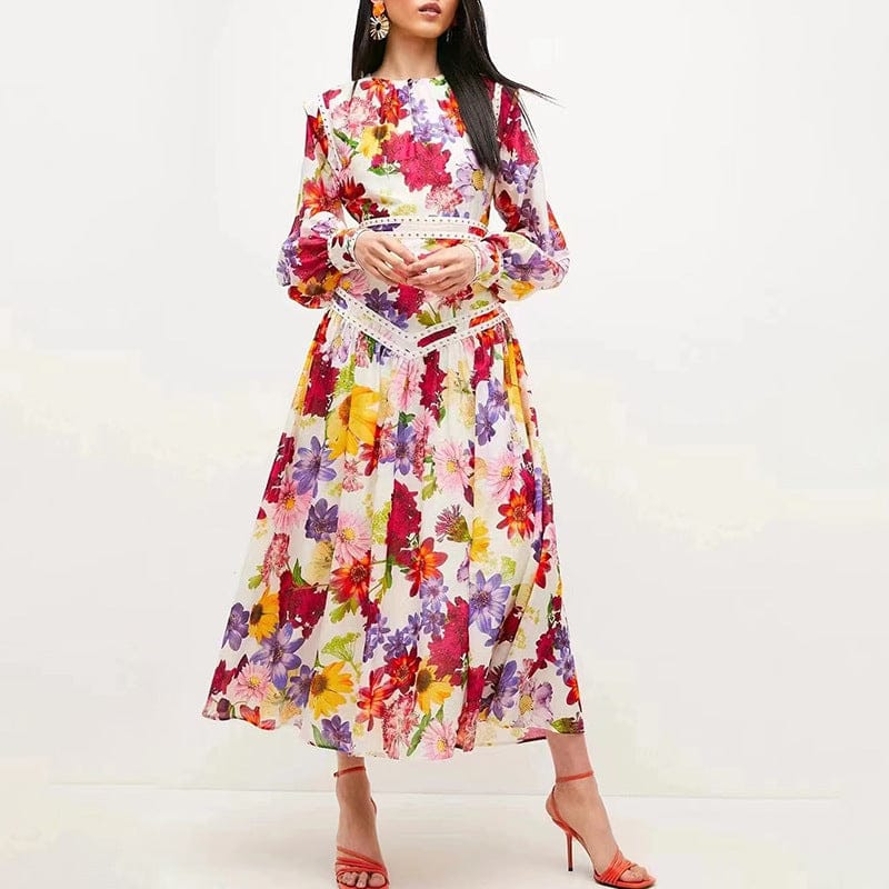 XL / Color As Pic Seaside Holiday Style Beach Dress 2022 New Round Neck Puff Sleeves Beaded Decorative Print Lotus Leaf Dress Women