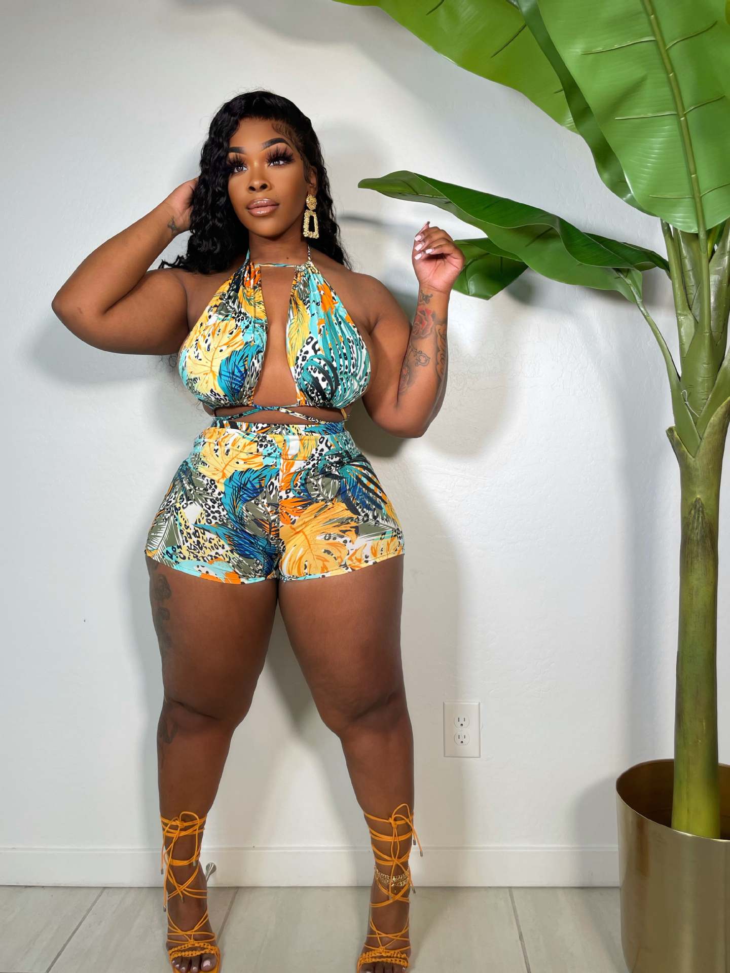 XL / Color Blue Z103071 Fashion Print short women Backless 2022 summer Halter two piece set