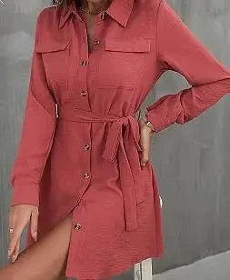 XL / CORAL RED 2024 Europe New Fashion Women Lady  Spring  Autumn Lapel Solid Color Casual  Daily Long-sleeved Waist-tied Midi Dress