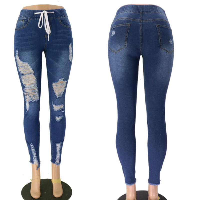 XL / Dark blue 9067 New casual spring 2023 women clothes stretch ladies trousers elastic high waist pencil jeans denim pants ripped jeans women