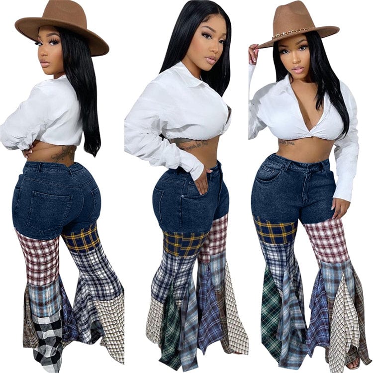 XL / Dark blue Denim Pants For Women 2023 Patchwork Low Waist Flares Pants Casual Fashion Plaid Print Baggy Pants