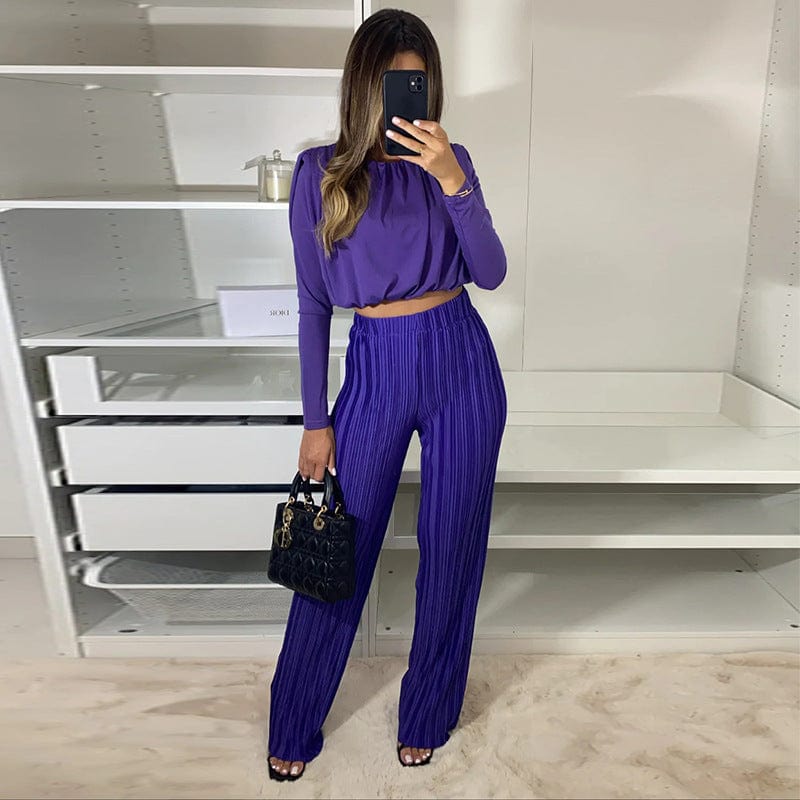 XL / Dark blue New Women Fashion Solid Color Pleated Suit Sexy Long Sleeve Crop Top Casual