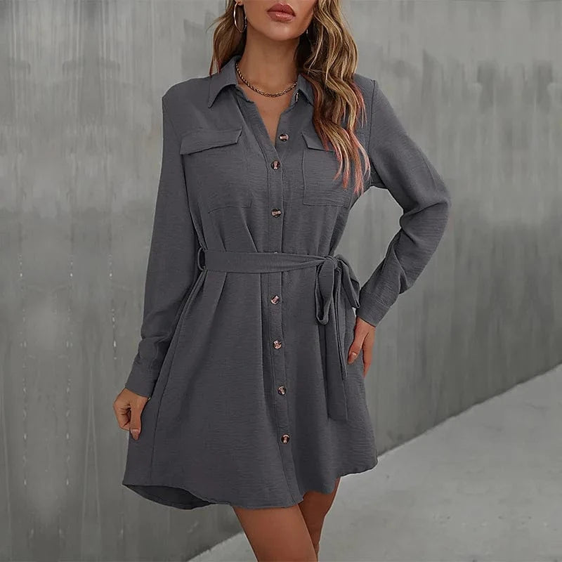 XL / Dark Gray 2024 Europe New Fashion Women Lady  Spring  Autumn Lapel Solid Color Casual  Daily Long-sleeved Waist-tied Midi Dress